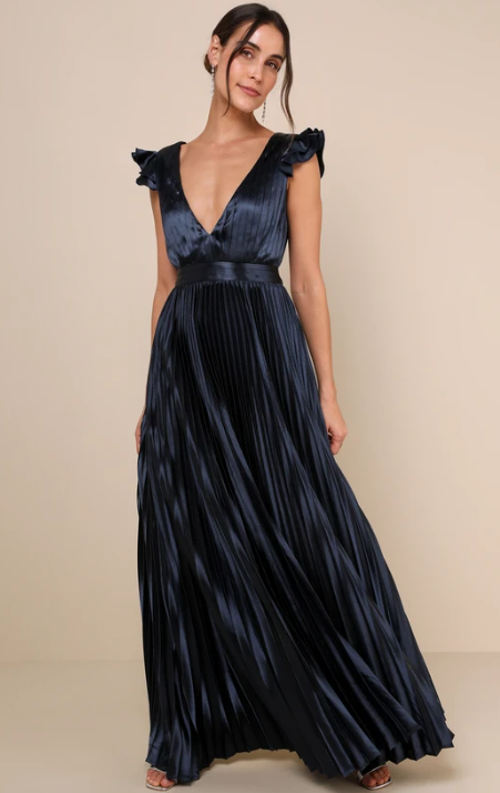 Navy Blue Satin Lace-Up Pleated Maxi Dress